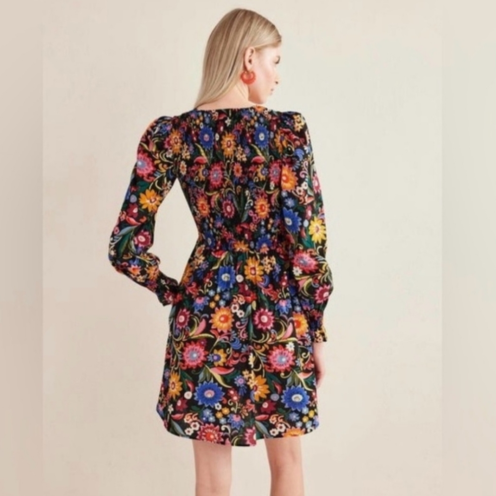 Boden Smocked Bodice Ruched Sleeves Mini Dress Black, Gardenia Pop 2 Regular - Picture 2 of 12